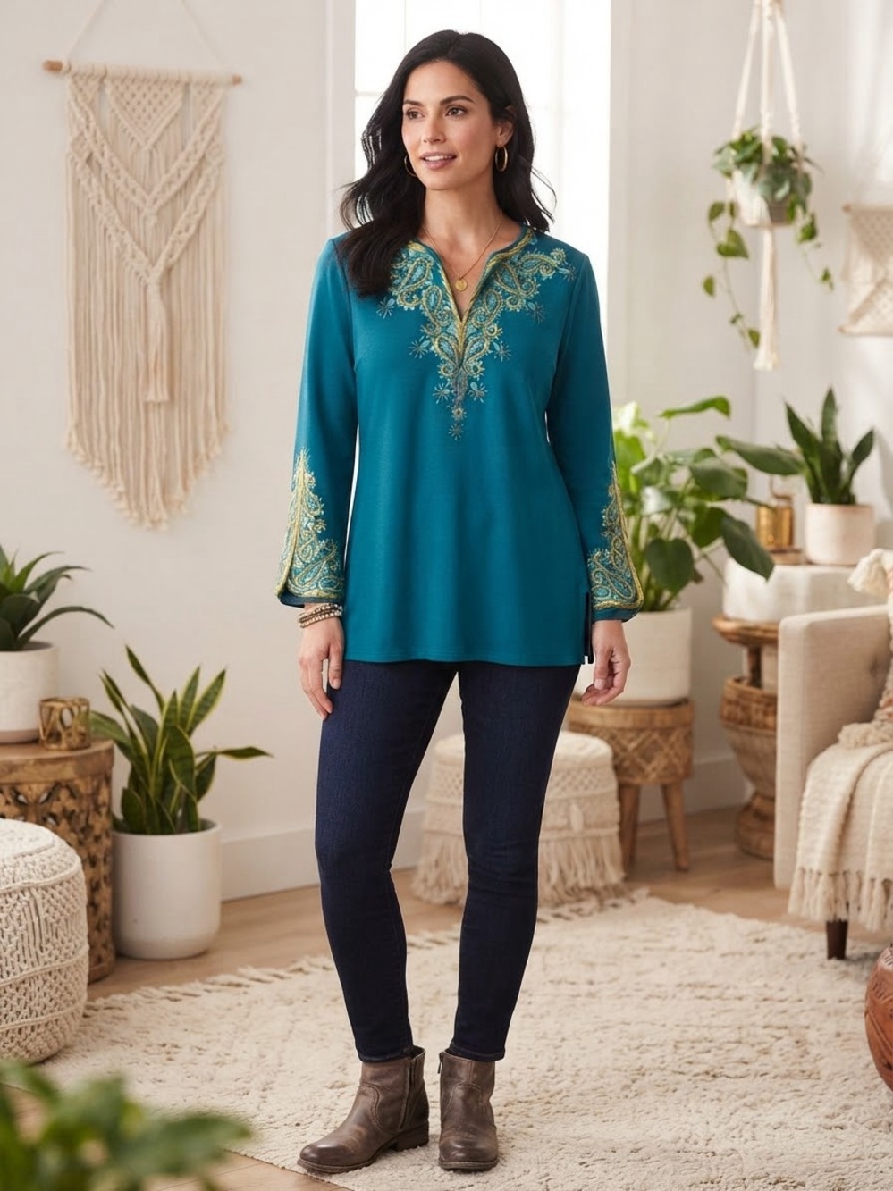 Bob Mackie Wearable Art Embroidered Tunic Top Small Teal Gold